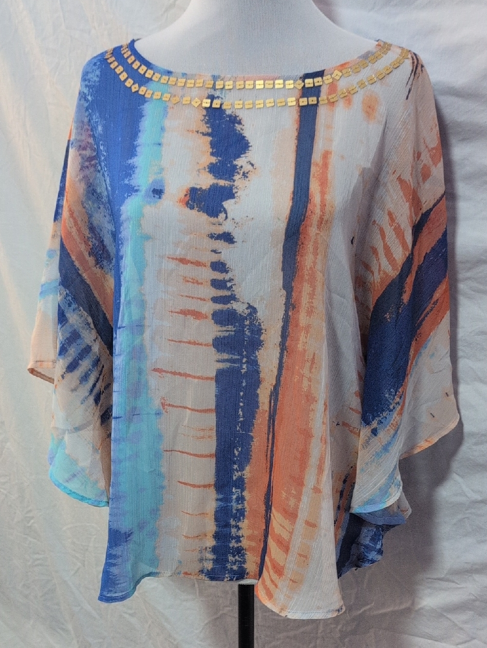 Ruby Rd. Abstract Brushstroke Tunic in Blue, Peach & Cream